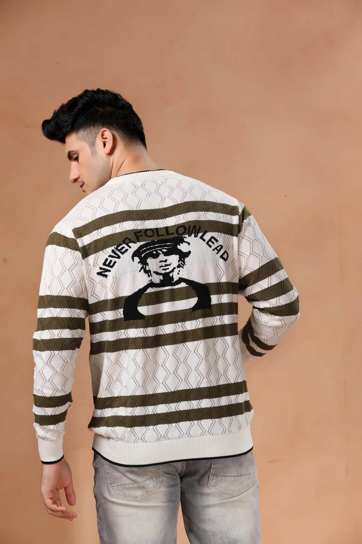 Men's Olive Green Striped Open Knit Sweater