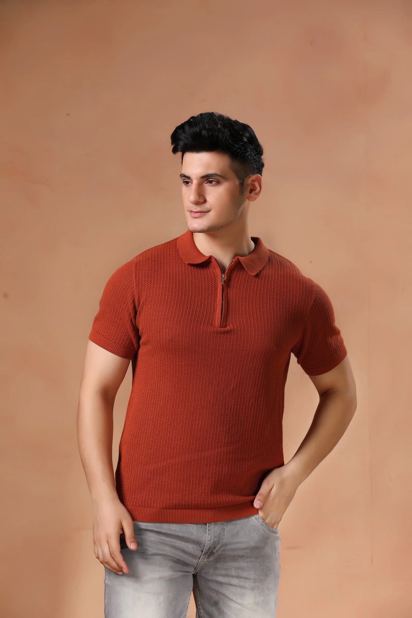 Men's Rust Textured Knit Polo T-Shirt
