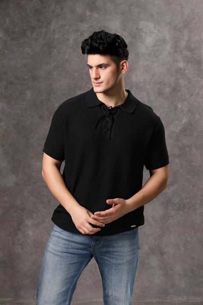 Men's Black Knitted Textured Tshirt with Tie Placket