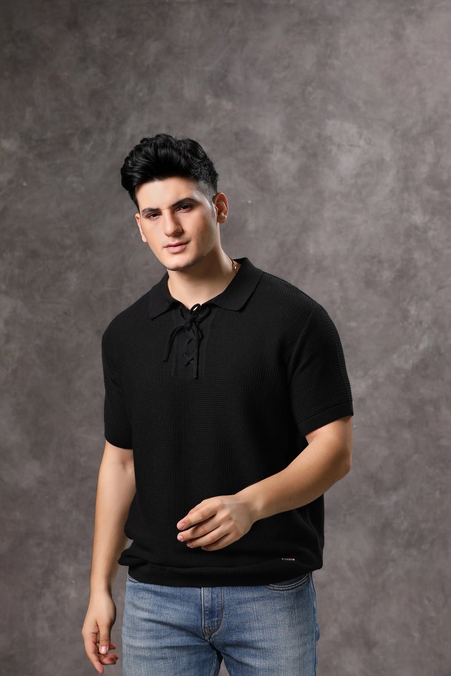 Men's Black Knitted Textured Tshirt with Tie Placket