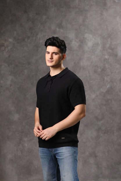 Men's Black Knitted Textured Tshirt with Tie Placket