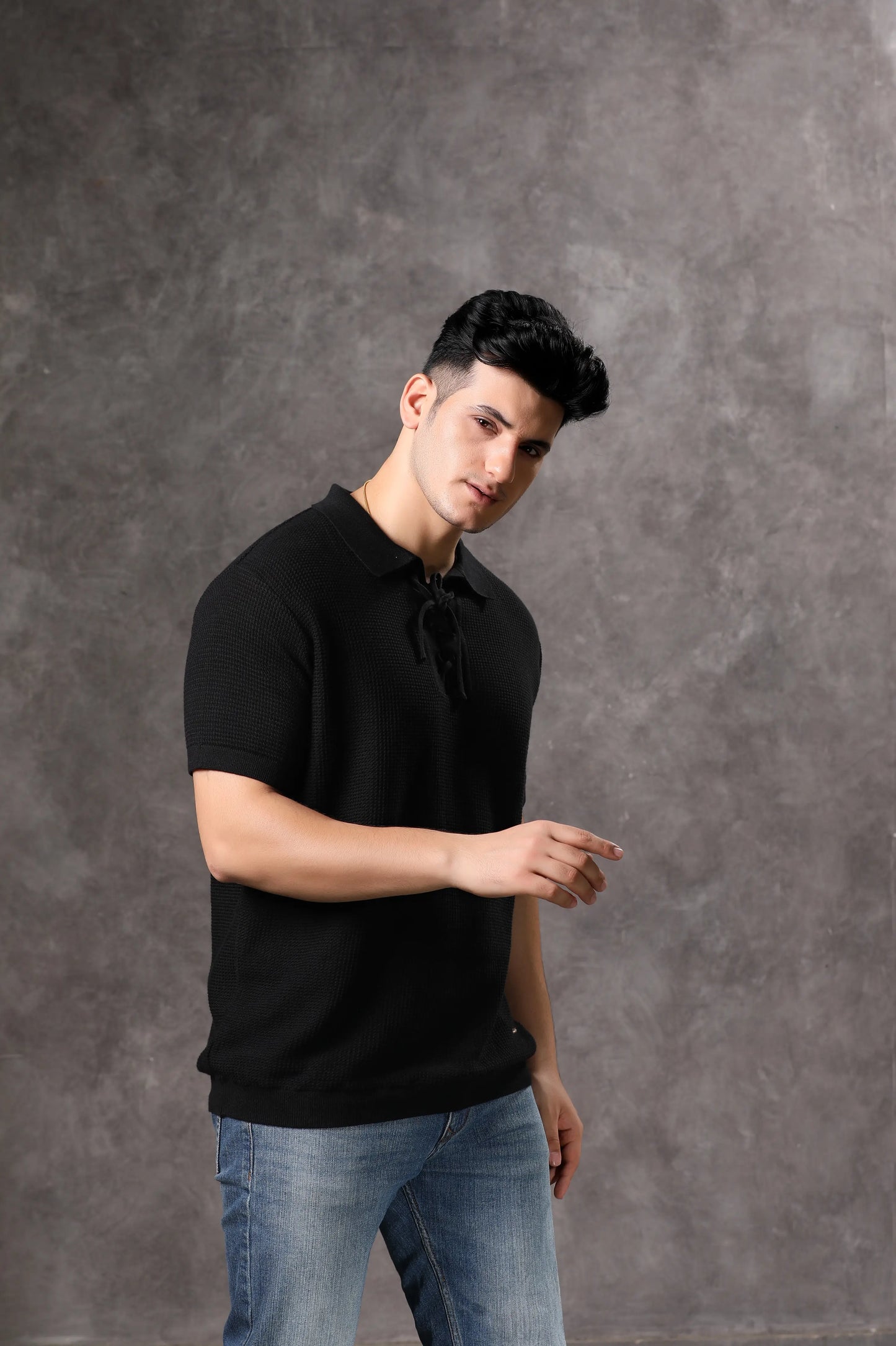 Men's Black Knitted Textured Tshirt with Tie Placket