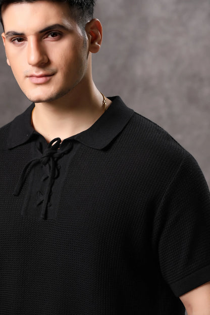 Men's Black Knitted Textured Tshirt with Tie Placket