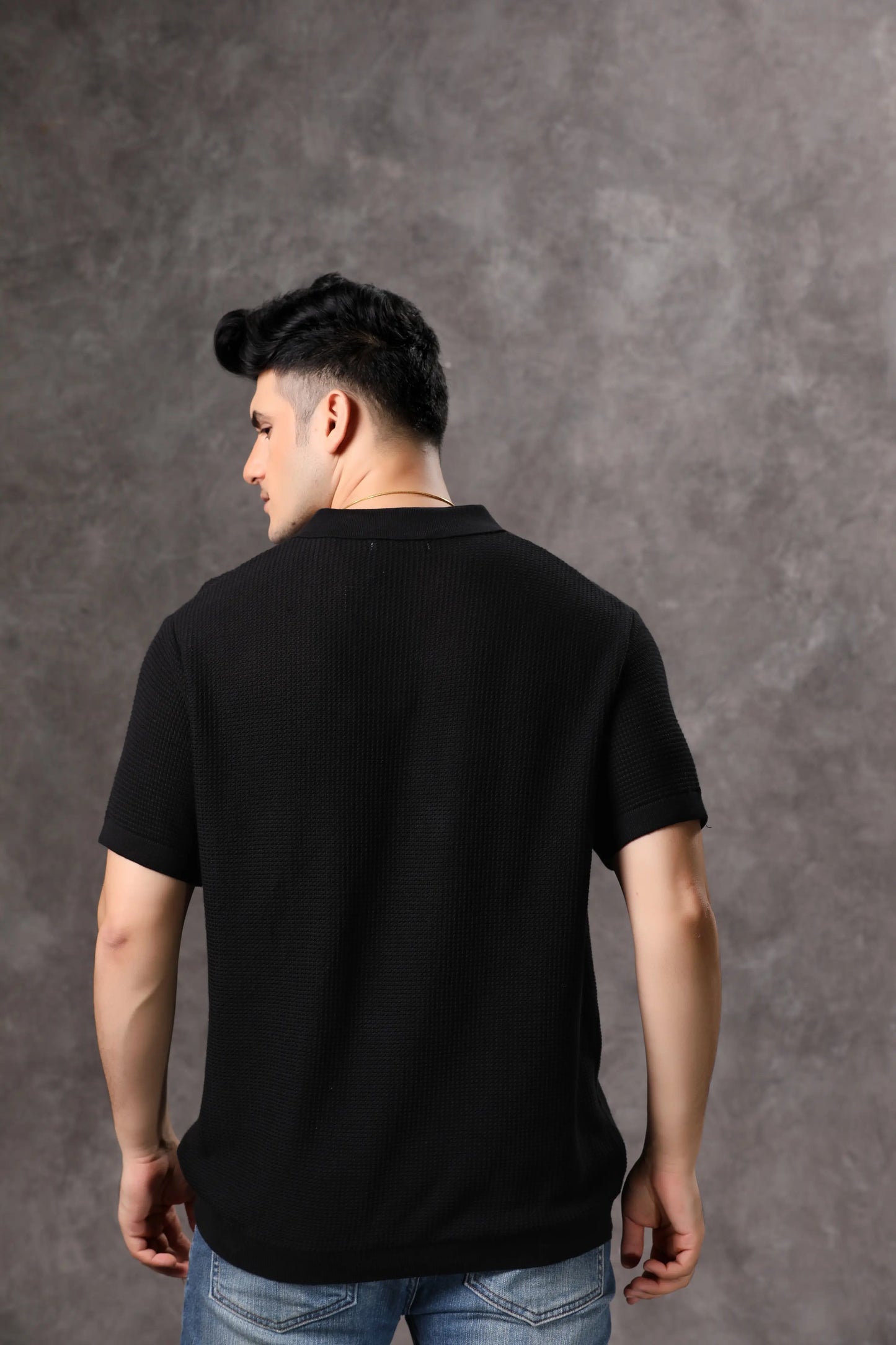 Men's Black Knitted Textured Tshirt with Tie Placket