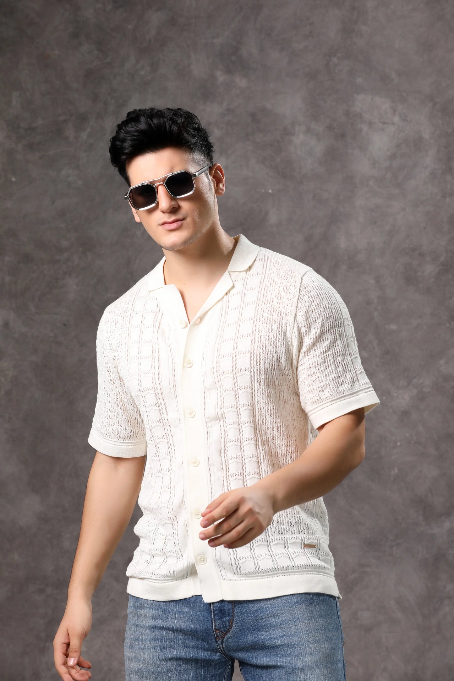 Men's Off White Flat Knit Half Sleeve Shirt