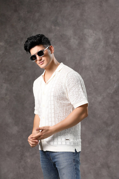 Men's Off White Flat Knit Half Sleeve Shirt