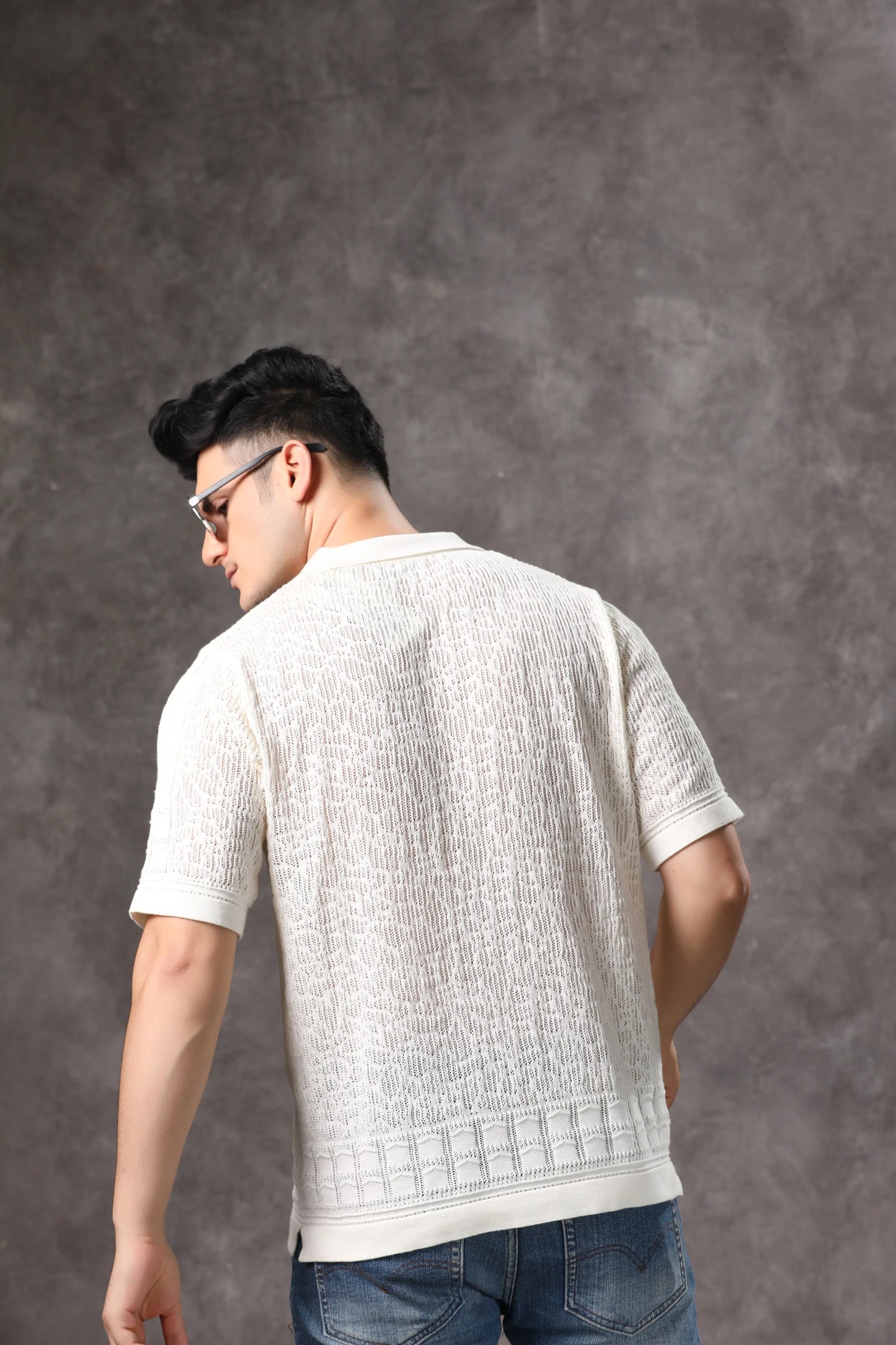 Men's Off White Flat Knit Half Sleeve Shirt