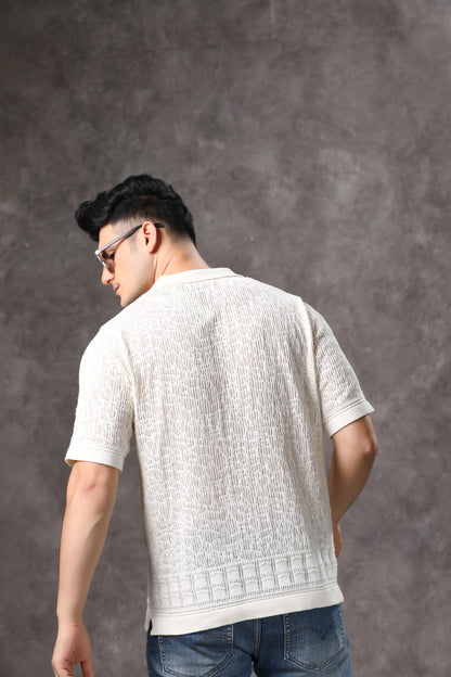 Men's Off White Flat Knit Half Sleeve Shirt