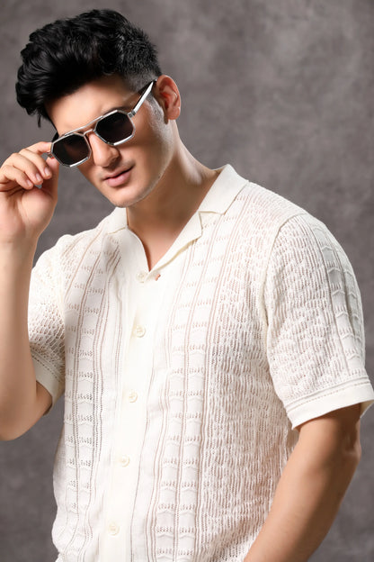 Men's Off White Flat Knit Half Sleeve Shirt