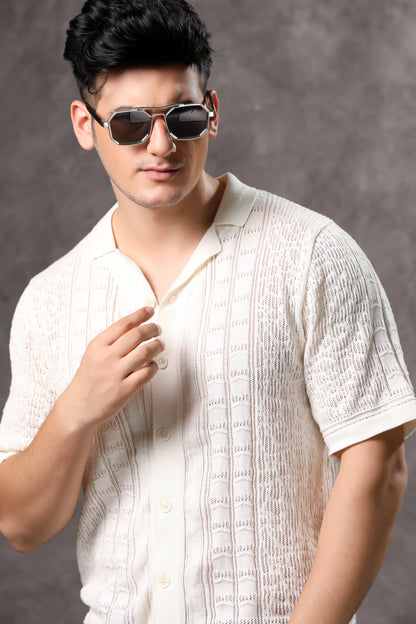 Men's Off White Flat Knit Half Sleeve Shirt