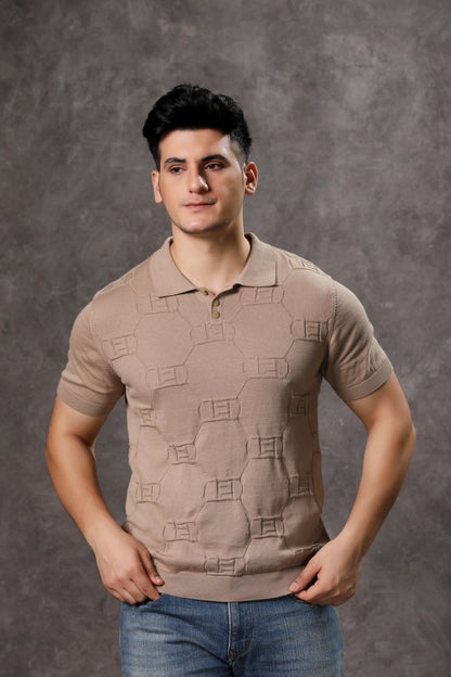 Men's Beige Geometric Flat Knit Short Sleeve T-Shirt