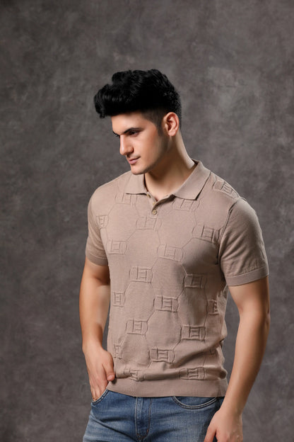 Men's Beige Geometric Flat Knit Short Sleeve T-Shirt