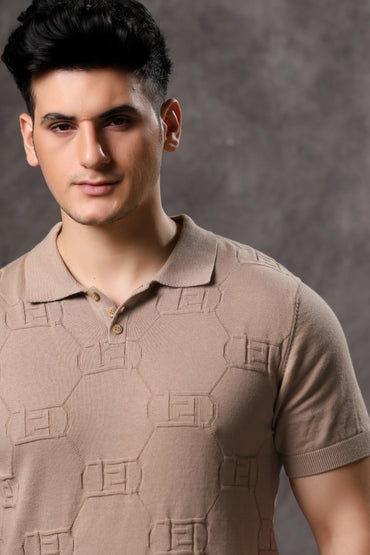 Men's Beige Geometric Flat Knit Short Sleeve T-Shirt