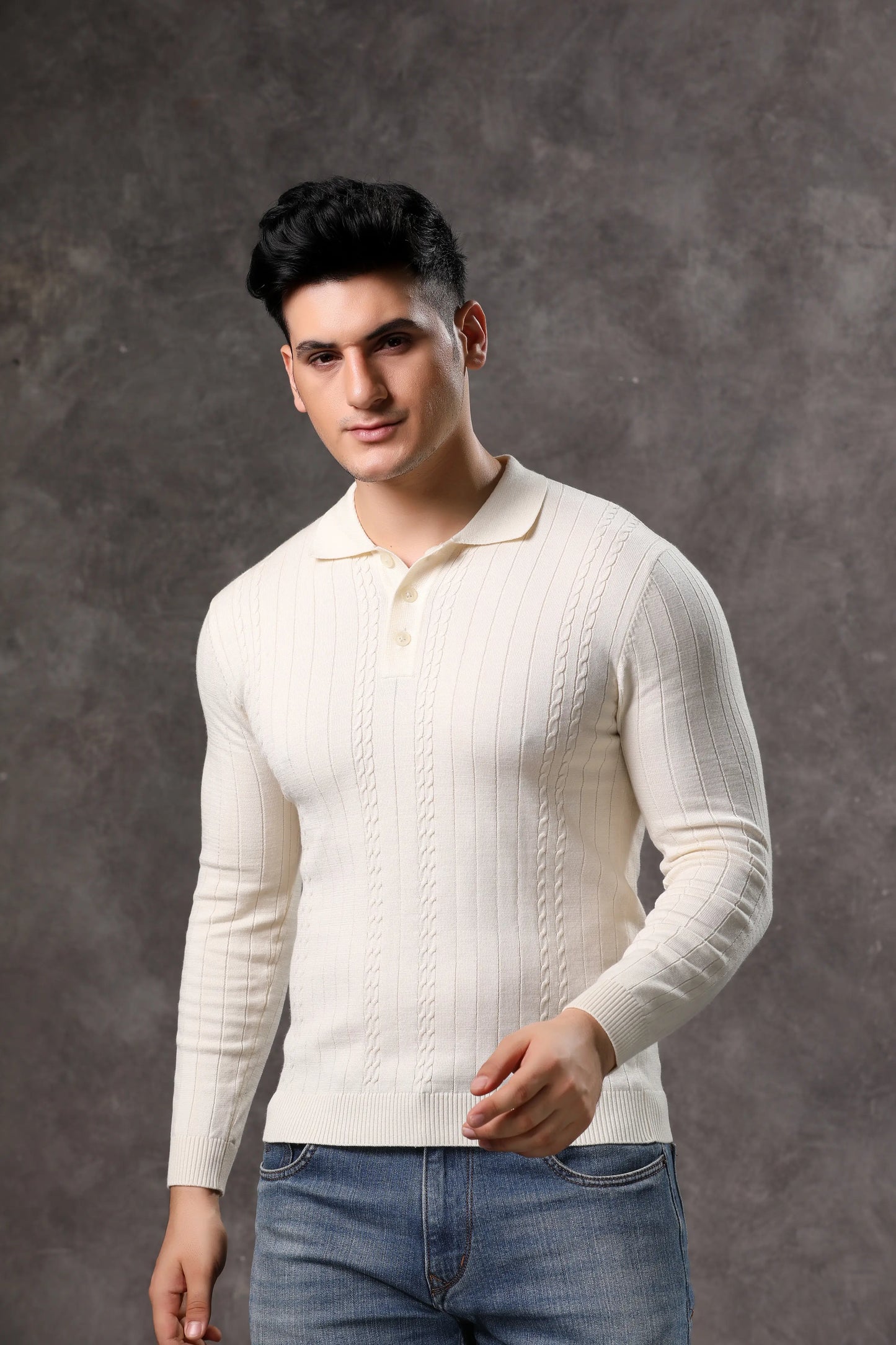 Men's Off White Full Sleeve Cable Knit Sweater