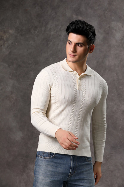 Men's Off White Full Sleeve Cable Knit Sweater