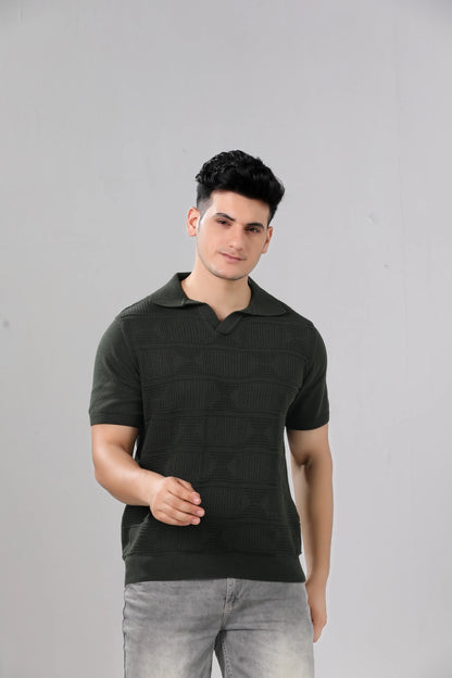 Men's Olive Green Textured Knit Short Sleeve Polo