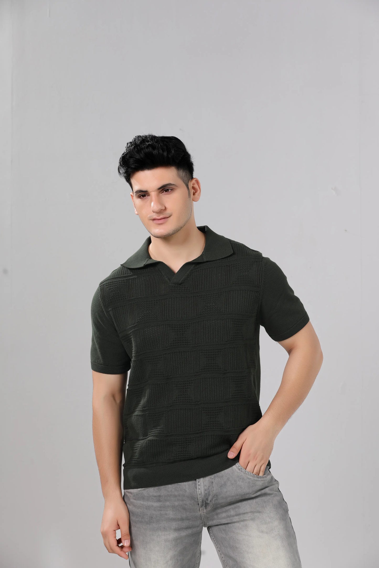 Men's Olive Green Textured Knit Short Sleeve Polo