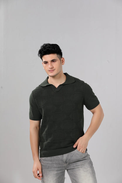 Men's Olive Green Textured Knit Short Sleeve Polo
