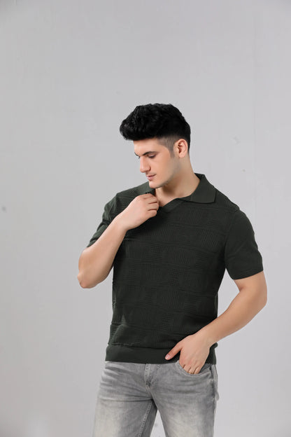 Men's Olive Green Textured Knit Short Sleeve Polo
