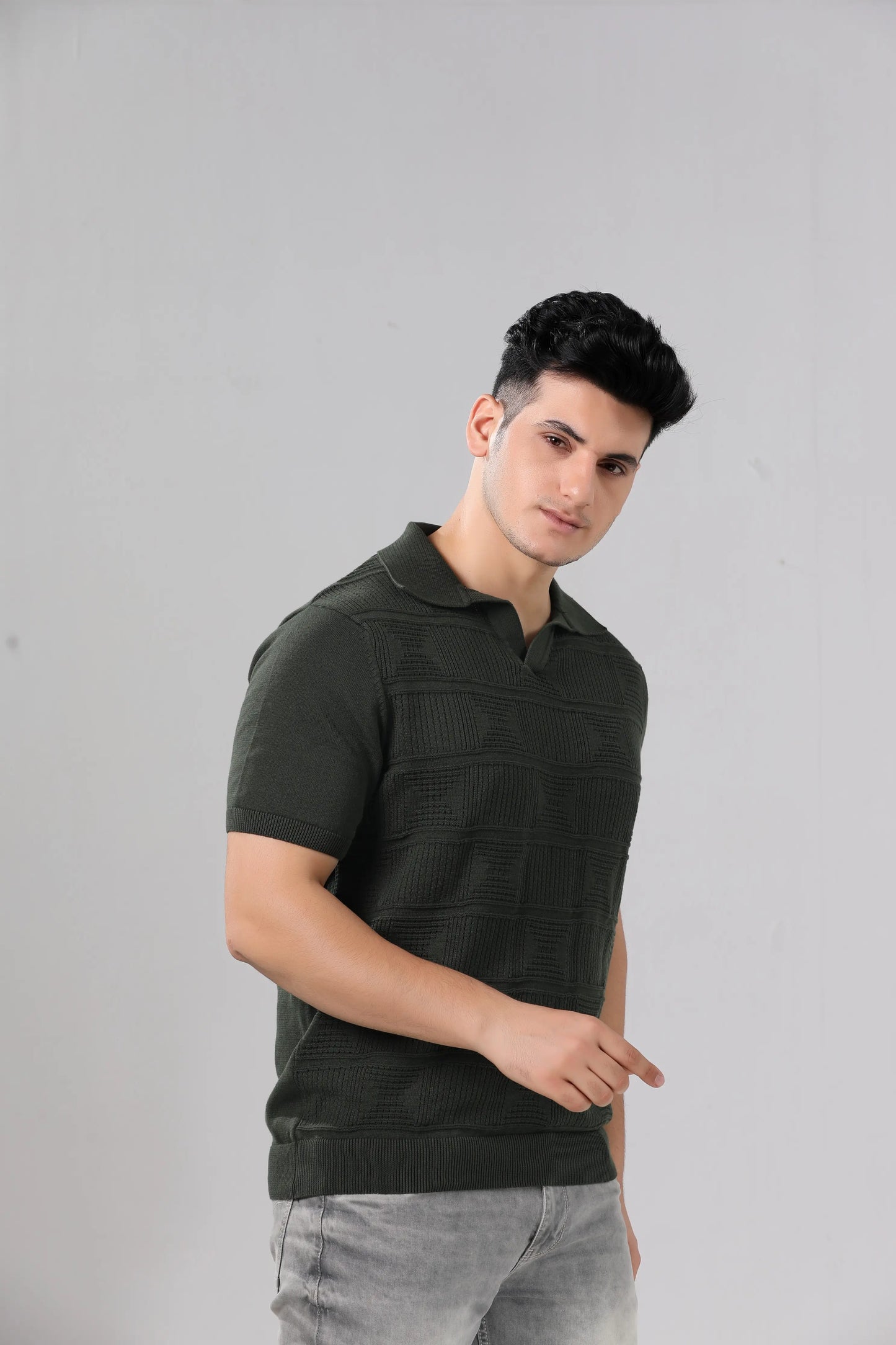 Men's Olive Green Textured Knit Short Sleeve Polo