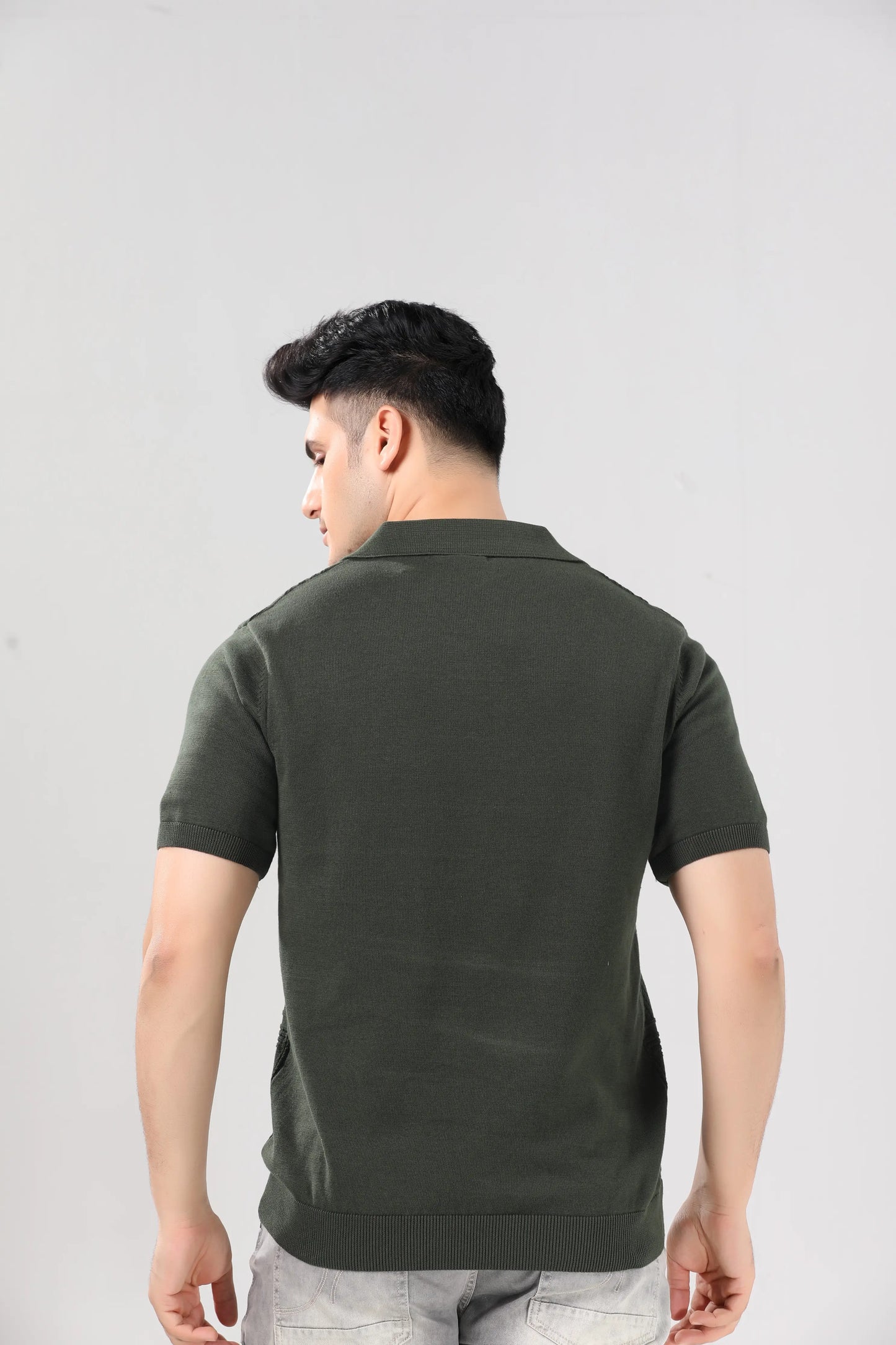 Men's Olive Green Textured Knit Short Sleeve Polo