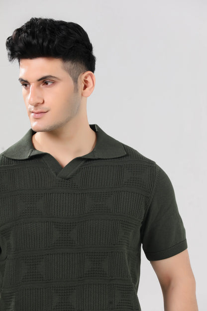 Men's Olive Green Textured Knit Short Sleeve Polo