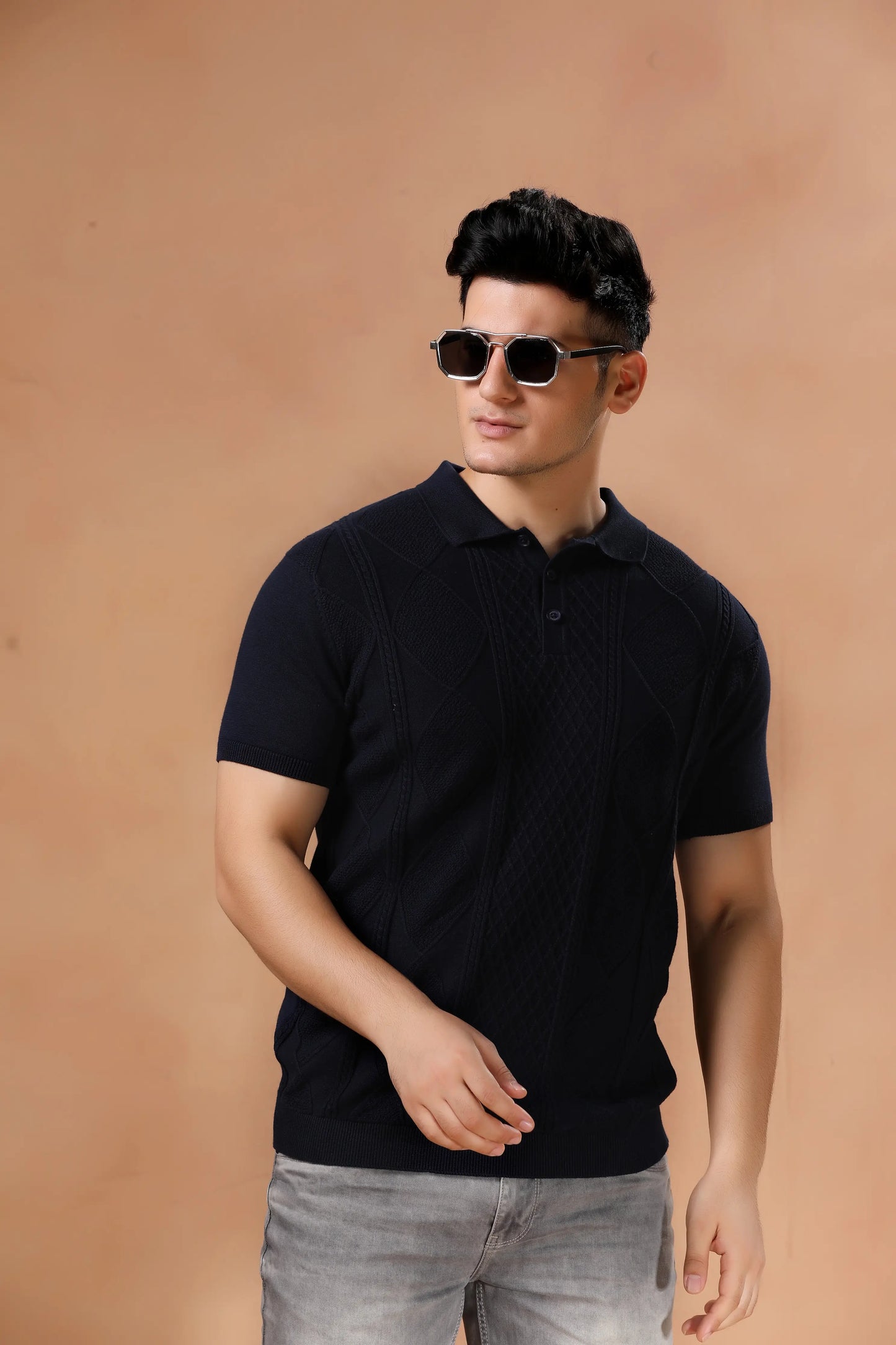 Men's Navy Blue Geometric Knit Short Sleeve Tshirt