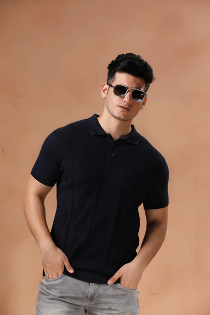 Men's Navy Blue Geometric Knit Short Sleeve Tshirt