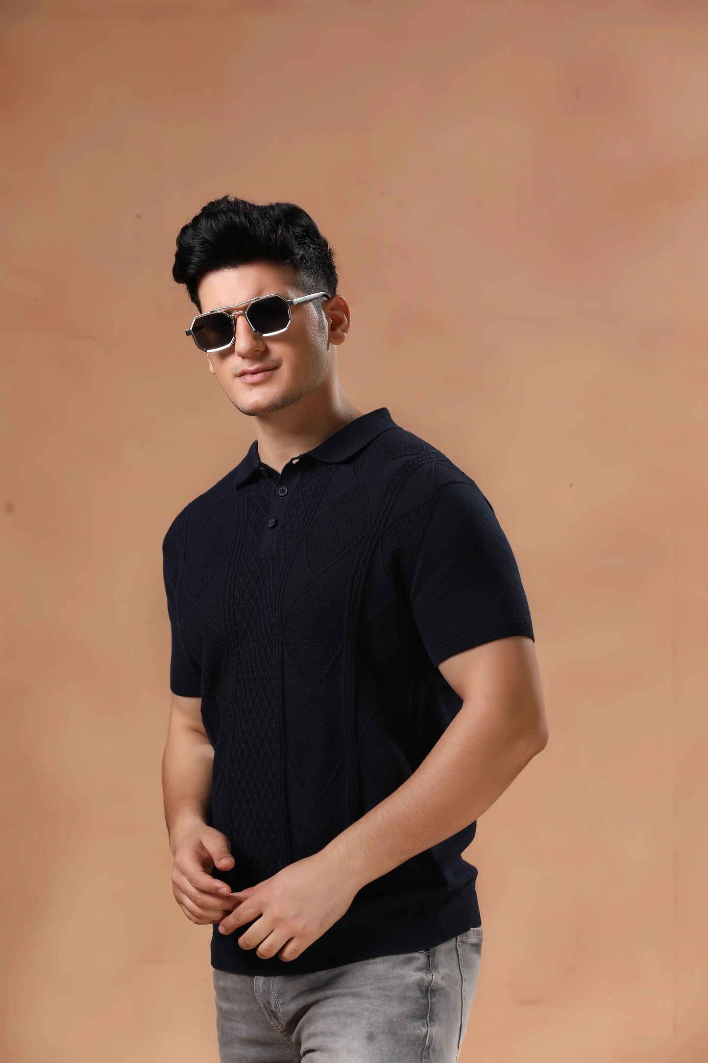 Men's Navy Blue Geometric Knit Short Sleeve Tshirt