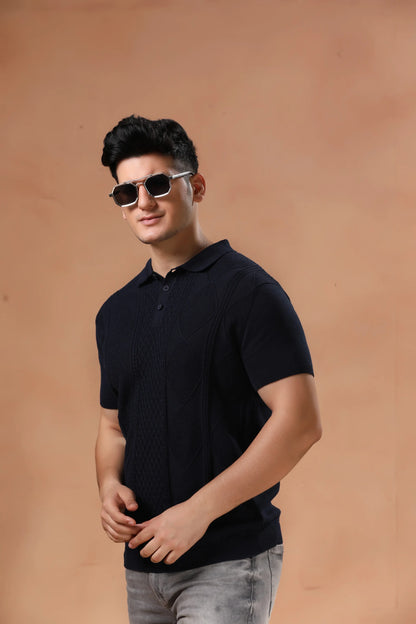 Men's Navy Blue Geometric Knit Short Sleeve Tshirt