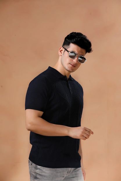Men's Navy Blue Geometric Knit Short Sleeve Tshirt