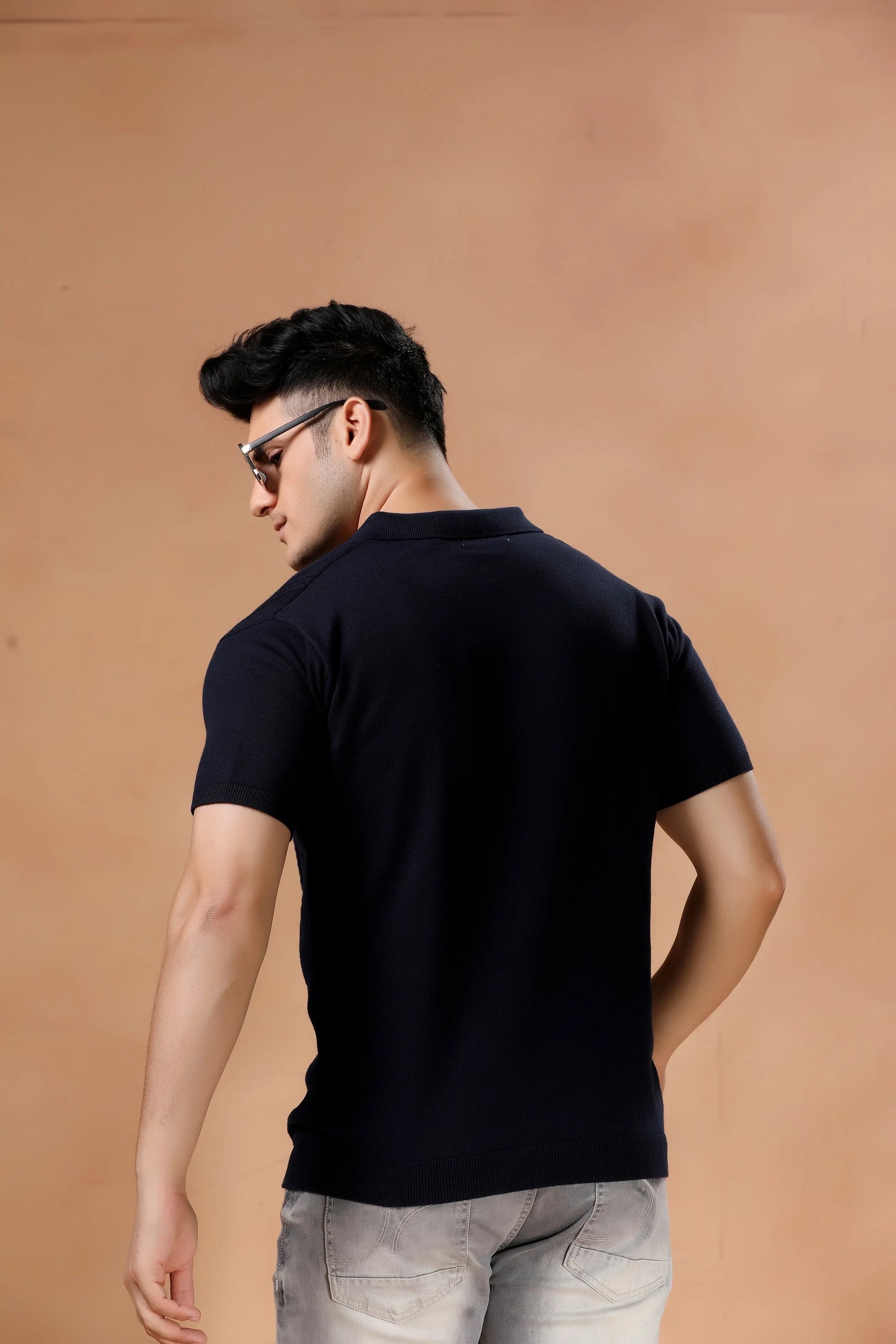 Men's Navy Blue Geometric Knit Short Sleeve Tshirt