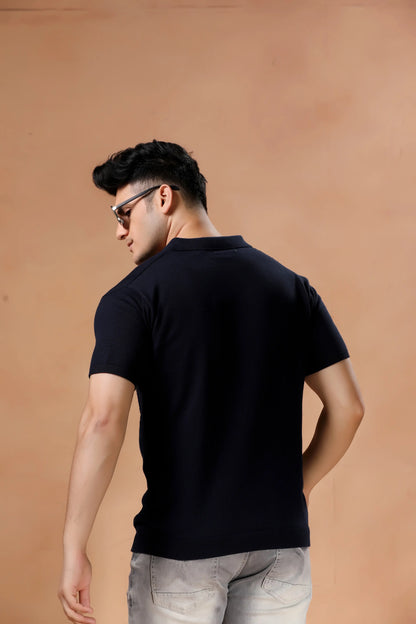 Men's Navy Blue Geometric Knit Short Sleeve Tshirt