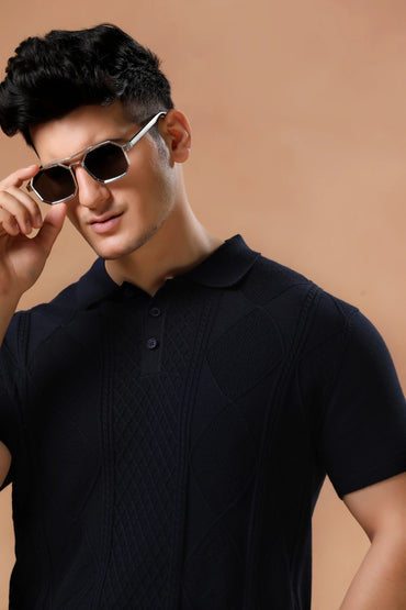Men's Navy Blue Geometric Knit Short Sleeve Tshirt