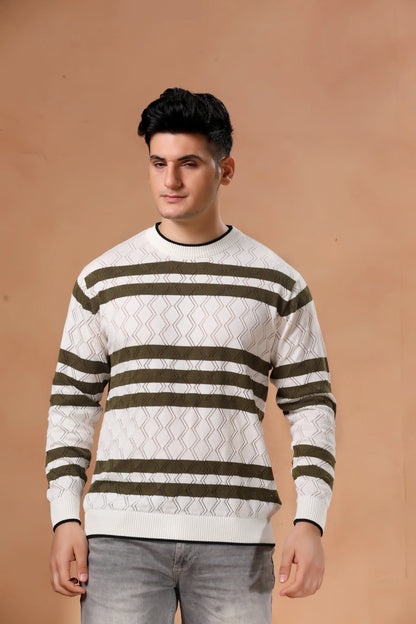 Men's Olive Green Striped Open Knit Sweater
