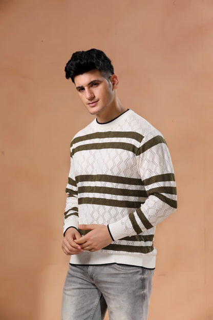 Men's Olive Green Striped Open Knit Sweater