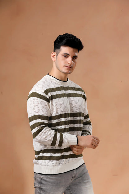 Men's Olive Green Striped Open Knit Sweater