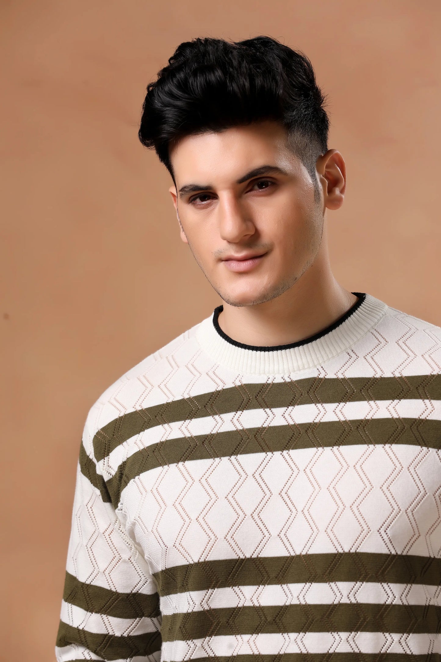 Men's Olive Green Striped Open Knit Sweater