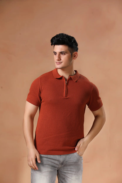 Men's Rust Textured Knit Polo T-Shirt