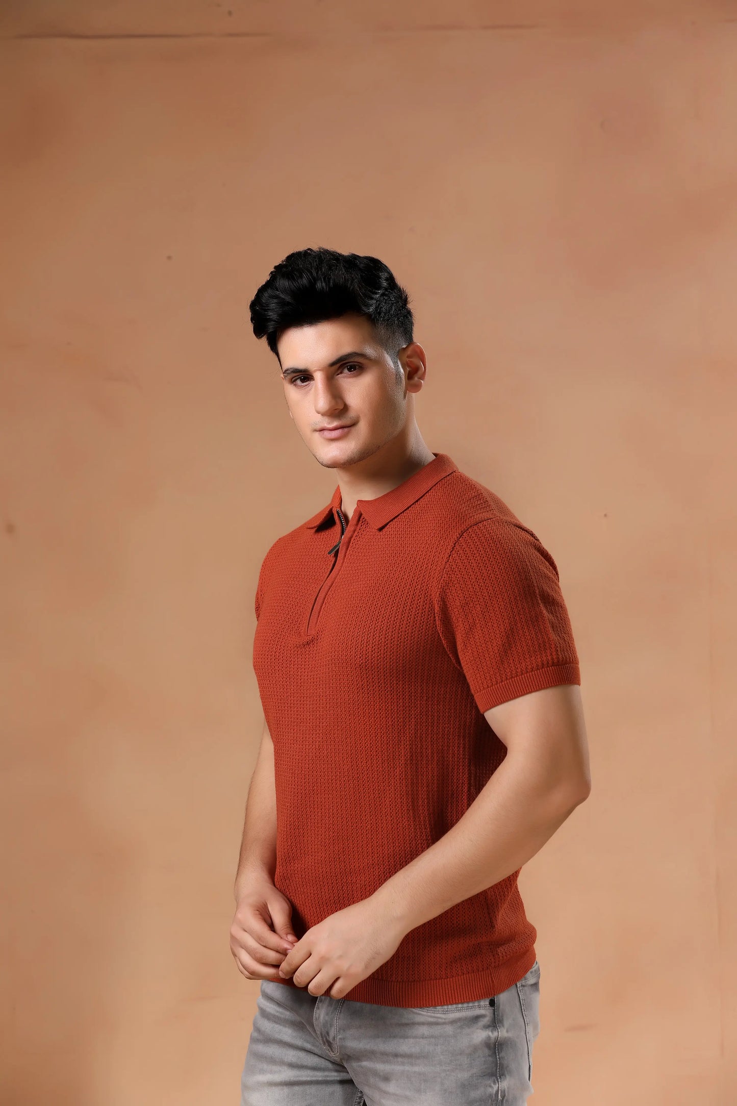 Men's Rust Textured Knit Polo T-Shirt