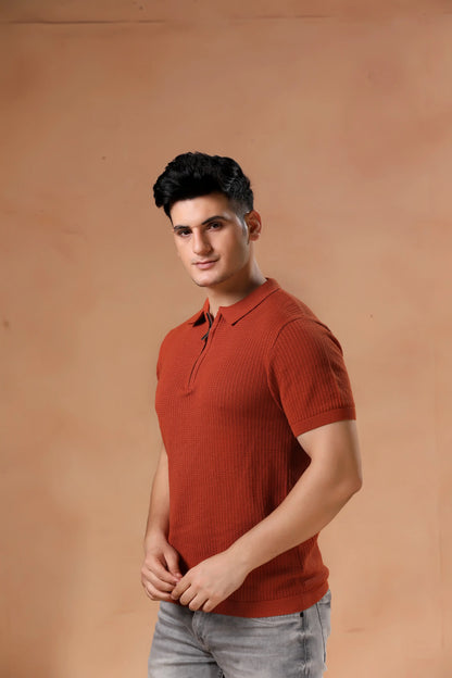 Men's Rust Textured Knit Polo T-Shirt