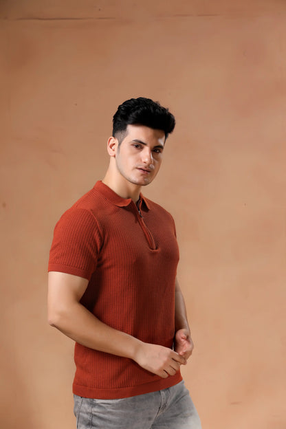 Men's Rust Textured Knit Polo T-Shirt