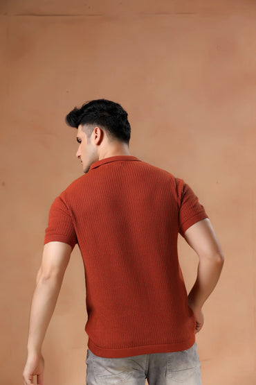 Men's Rust Textured Knit Polo T-Shirt
