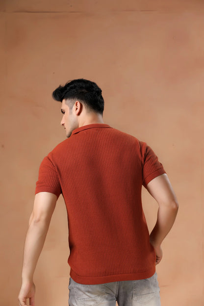 Men's Rust Textured Knit Polo T-Shirt