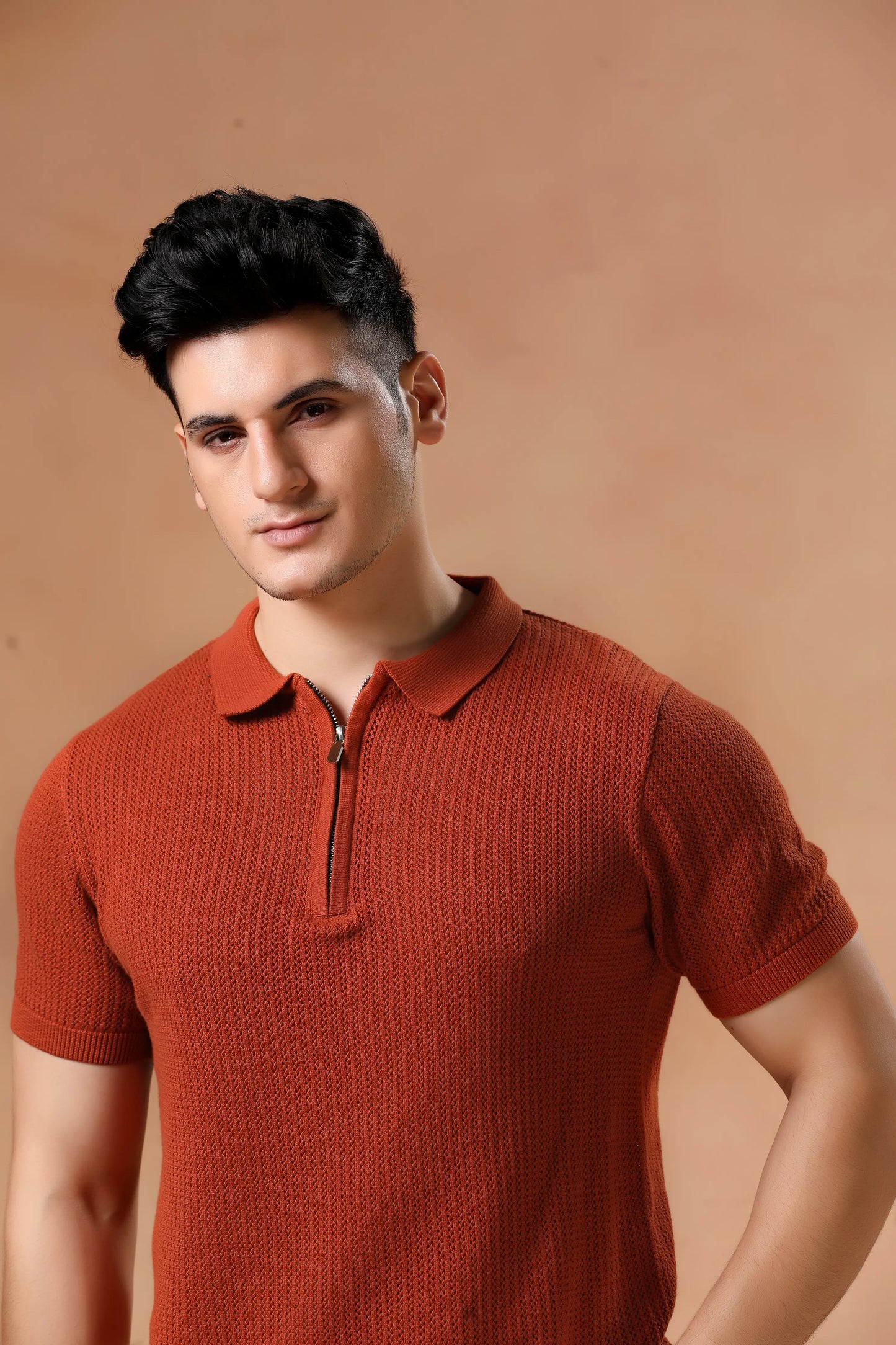 Men's Rust Textured Knit Polo T-Shirt