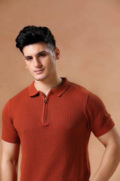 Men's Rust Textured Knit Polo T-Shirt
